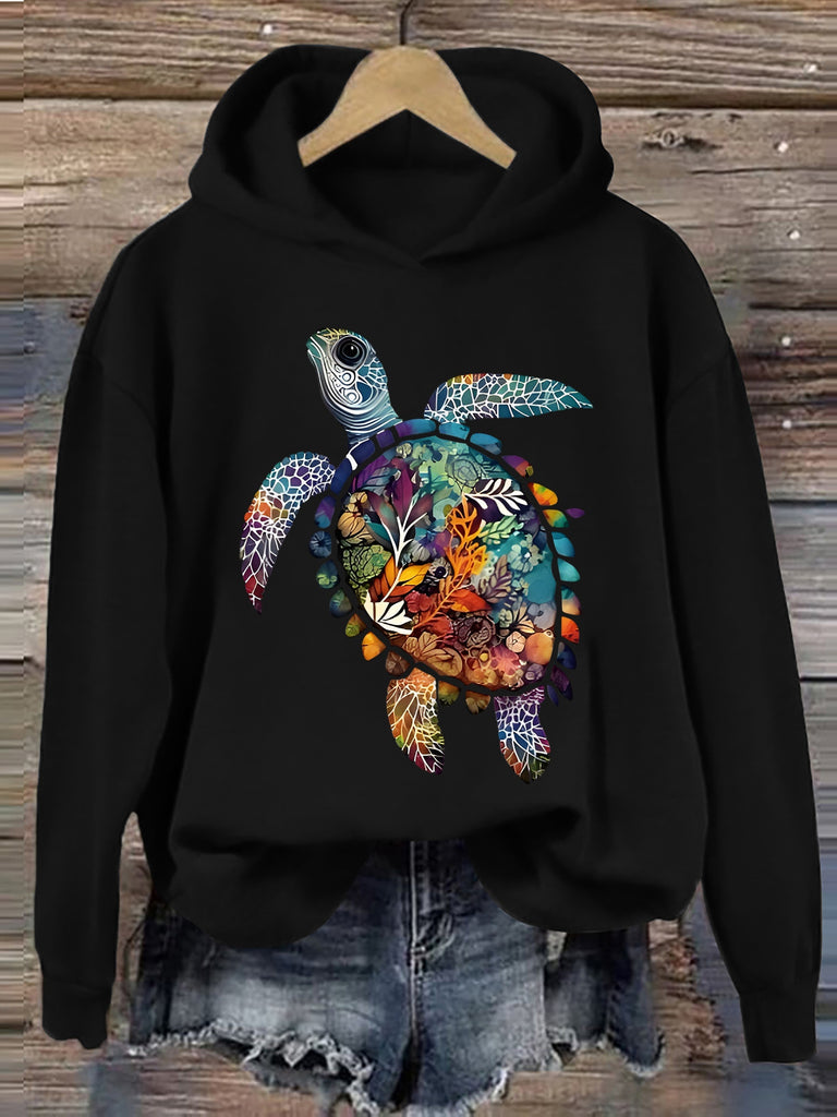 Turtle Print Hoodie, Casual Hooded Sweatshirt For Winter & Fall, Women's Clothing