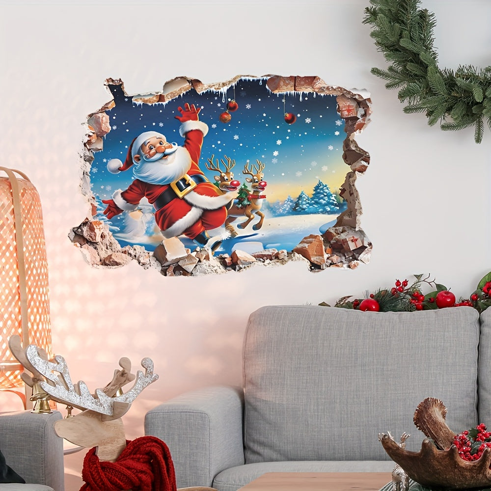 Santa Claus and Reindeer Christmas Wall Decal Sticker, PVC Self-Adhesive Single Use, Cartoon Irregular Shape, for Glass and Smooth Surfaces, 15.7 x 23.6 inches, Festive Decoration for Kitchen, Bedroom, Bathroom - 1pc