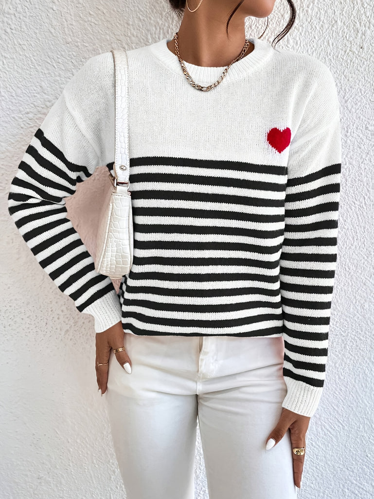 Heart Pattern Striped Crew Neck Sweater, Elegant Long Sleeve Sweater For Fall & Winter, Women's Clothing