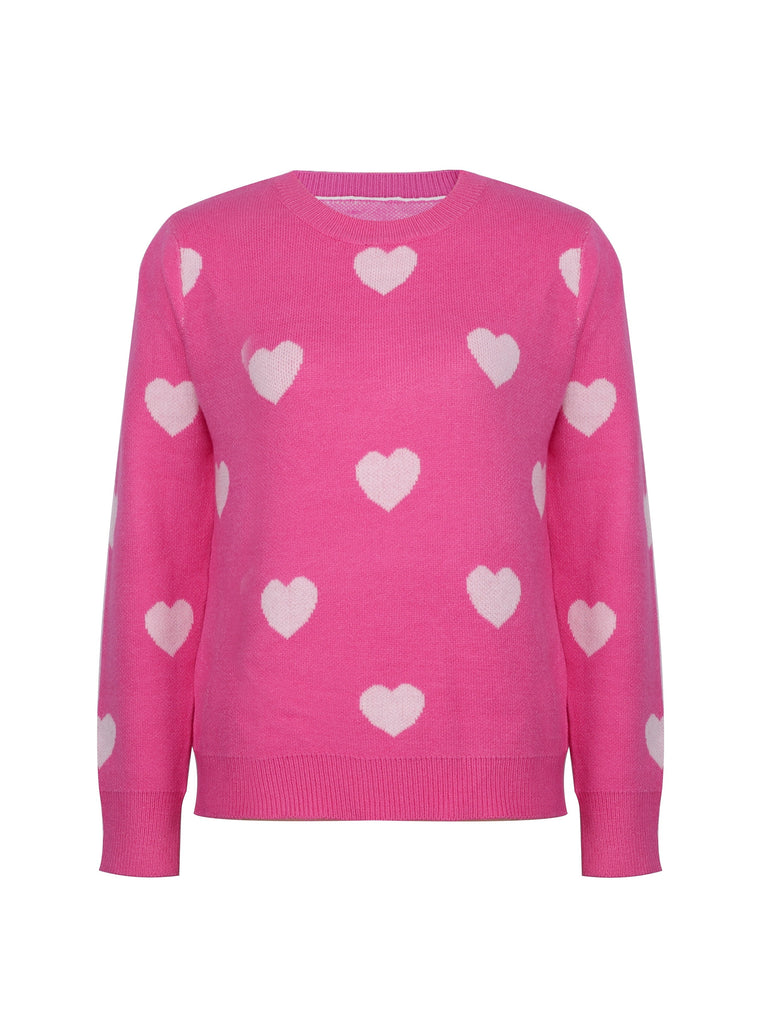 Valentine's Day Heart Pattern Sweater, Sweet Crew Neck Long Sleeve Pullover Knitted Top, Women's Clothing