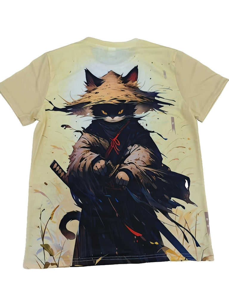 Men's Retro Comic Style Cat Samurai Pattern Crew Neck T-shirt, Summer Top For Street And Casual Wear