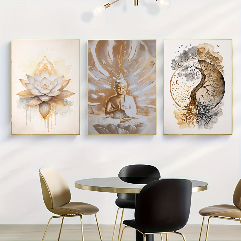 3-Piece Spiritual Canvas Wall Art Set, Modern Buddha & Nature Themed Posters, Frameless Indoor Portrait Orientation Prints for Living Room Decor, 15.7 x 23.6 inches