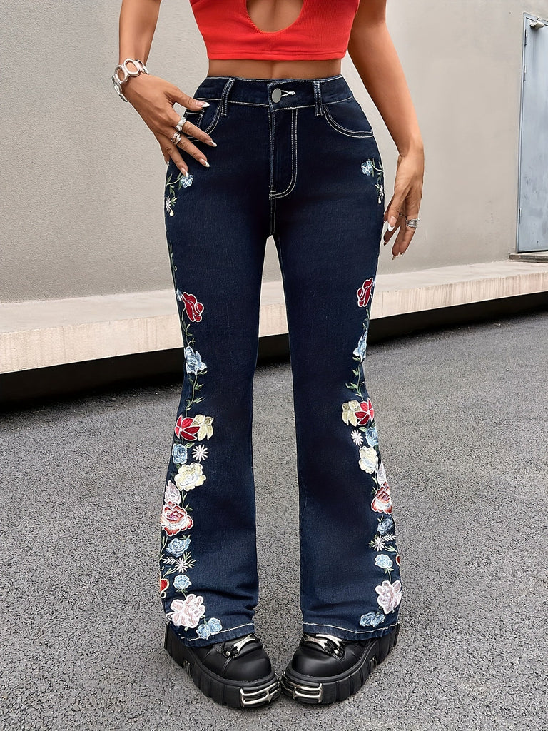 Skinny Fit Floral Print Washed Jeans, Vintage Style Zipper Button Closure Denim Flare Leg Pants, Women's Denim Jeans & Clothing