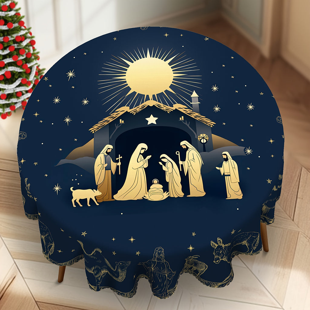 1pc, Christmas-themed tablecloth, Jesus' birth scene tablecloth, Christmas party tablecloth, edge embossed craft, round tablecloth, rectangular tablecloth, Christmas gift, kitchen accessories, creating a festive atmosphere, a must-have for gatherings!