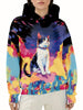 Women's Artistic Cat Print Hoodie - Casual Long Sleeve with Drawstring, Polyester & Spandex Blend, Machine Washable