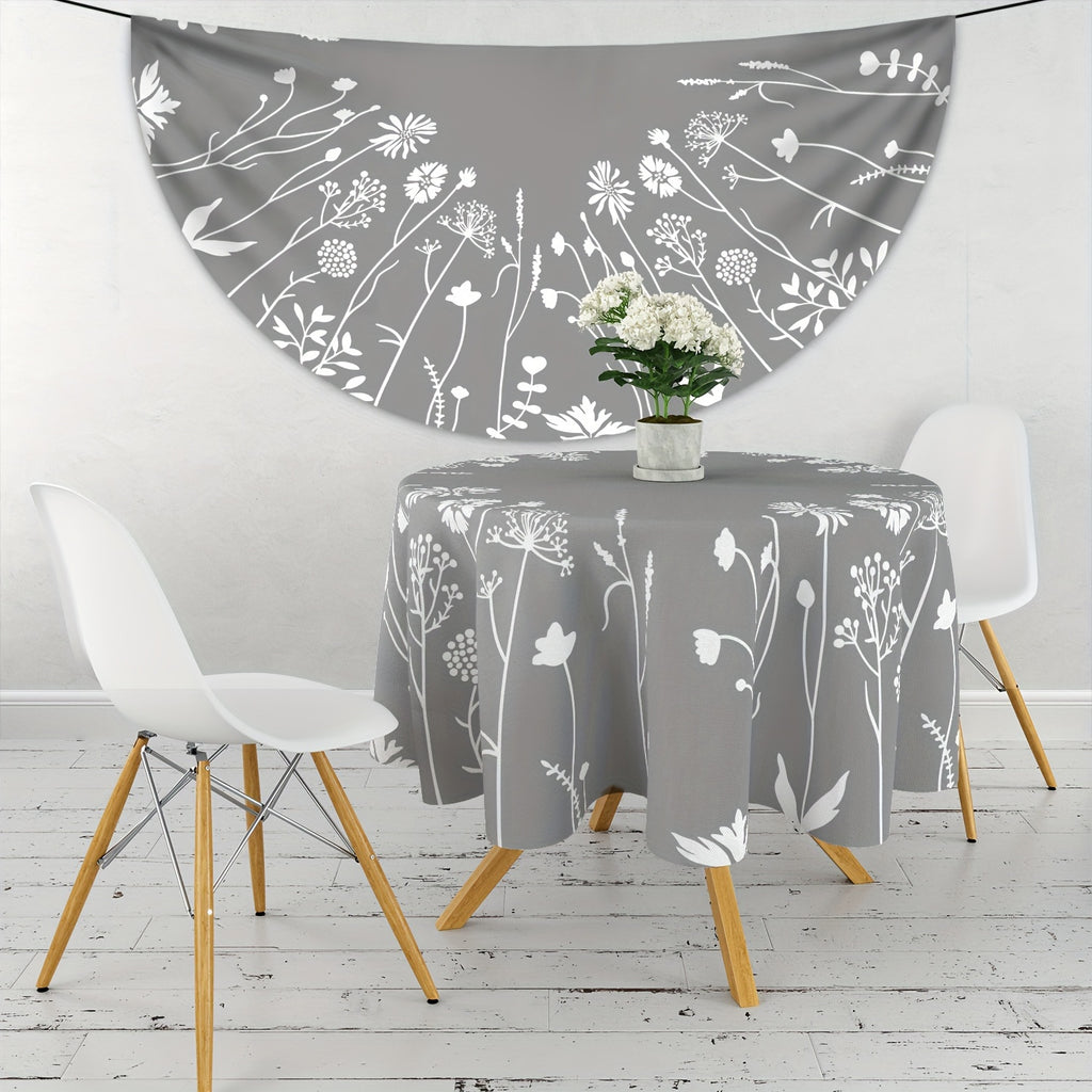 Floral Pattern Round Tablecloth 63 Inch - Polyester Machine Woven, Water-Resistant Table Cover for Kitchen, Dining, Picnic - Elegant Grey White Flower Design for 4-6 Seats