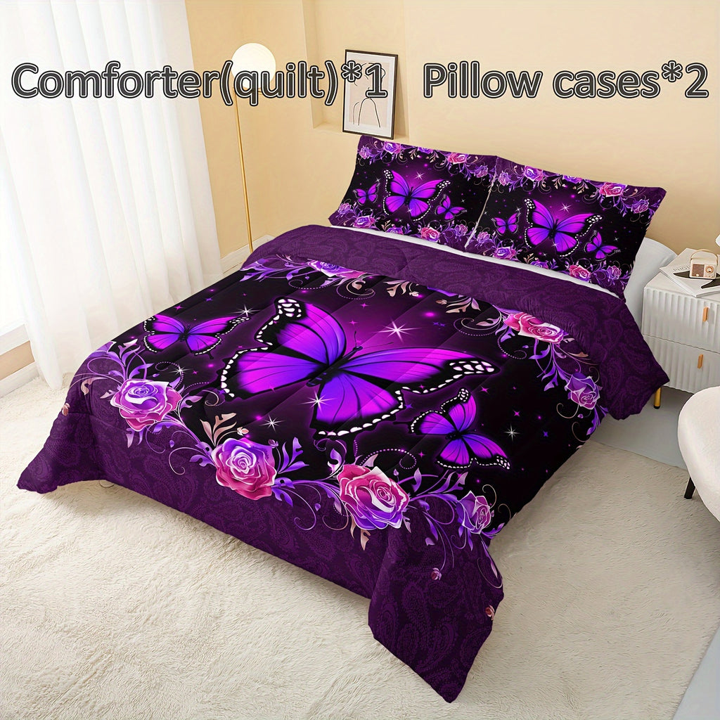 3pcs Butterfly Comforter Set, Purple Flowers Floral Print Bedding Set with 1 Comforter 2 Pillowcases for Women All Season (Without Core)