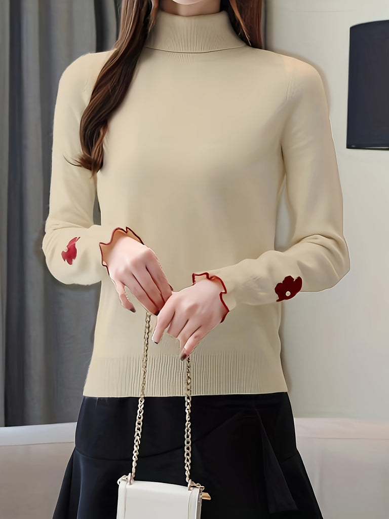 High Neck Long Sleeve Knit Top With Pearl Details, Acrylic Fabric, Korean Style, Autumn/Winter Fashion, Hand Wash Or Dry Clean