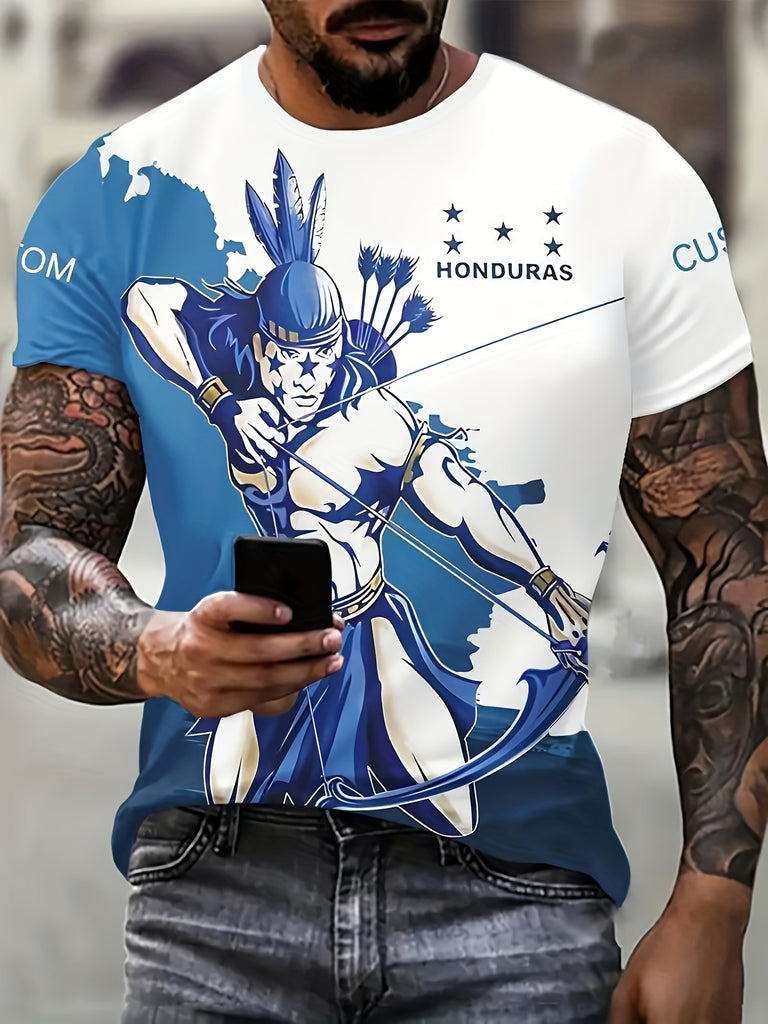 Men's Ethnic Style Male Figure Pattern And Letter Print "HONDURAS" Short Sleeve Crew Neck T-shirt, Tees For Men, Trendy And Chic Tops For Summer Street And Holiday Wear