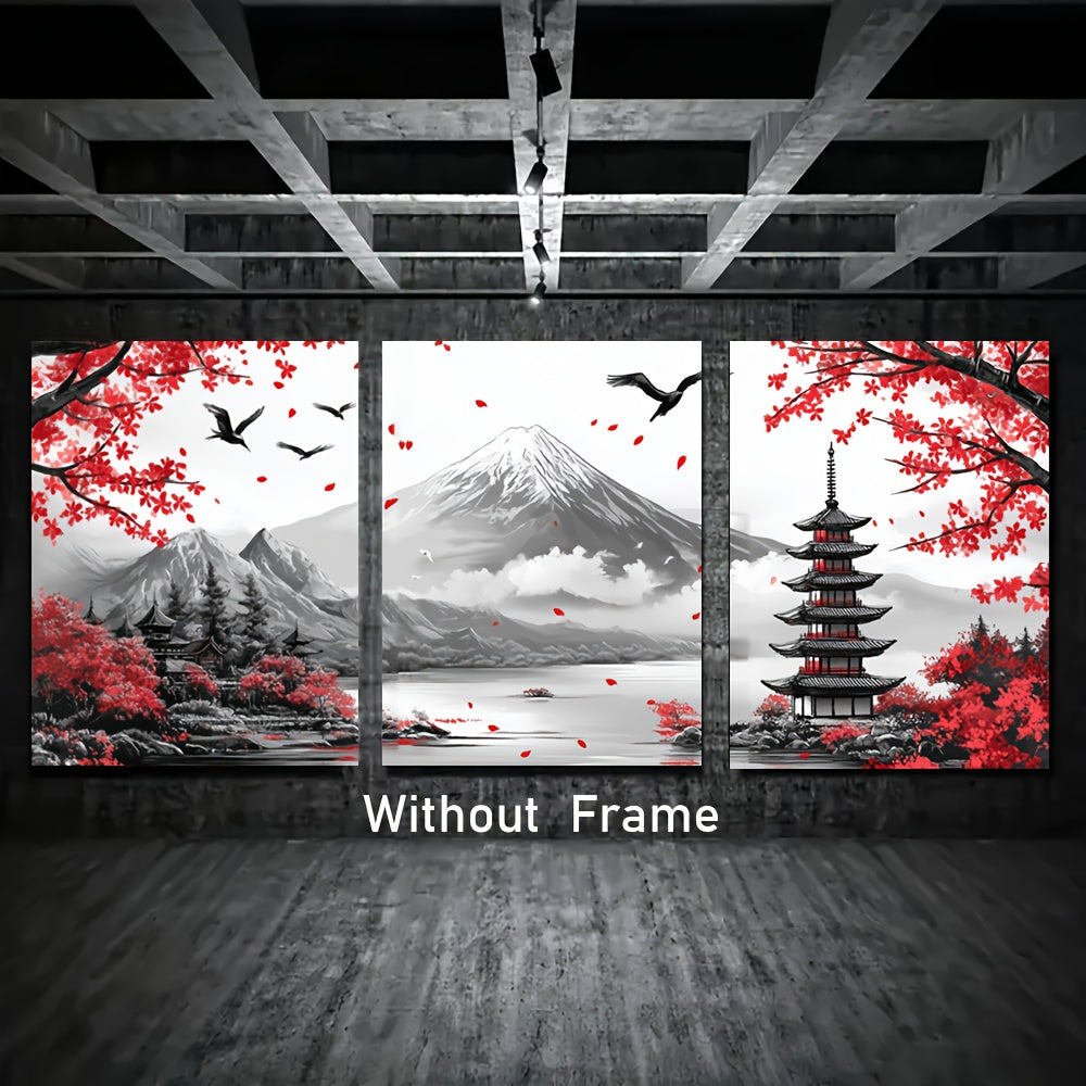 3pcs Japanese Landscape Canvas Art Set - Retro Mount Fuji & Red Temple Prints, High-Definition Wall Decor for Living Room, Bedroom, Hallway - Unframed, Reusable, for Winter