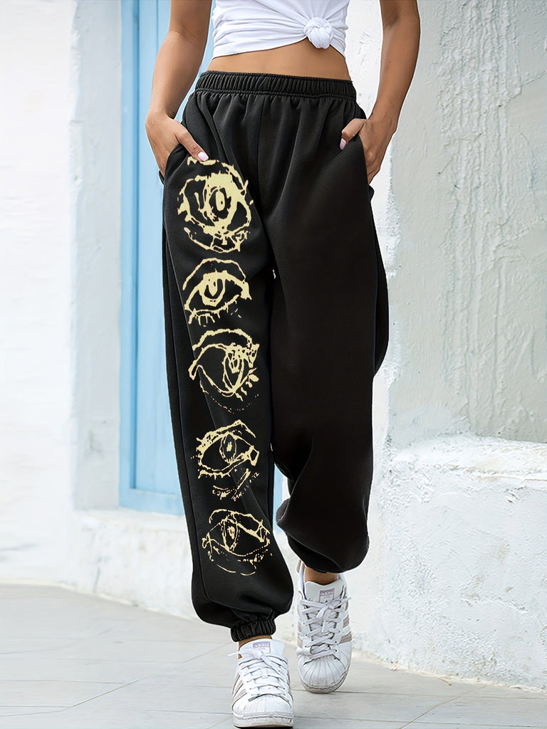 Graphic Print Loose Jogger Sweatpants, Casual Elastic Waist Pocket Pants For Fall & Winter, Women's Clothing