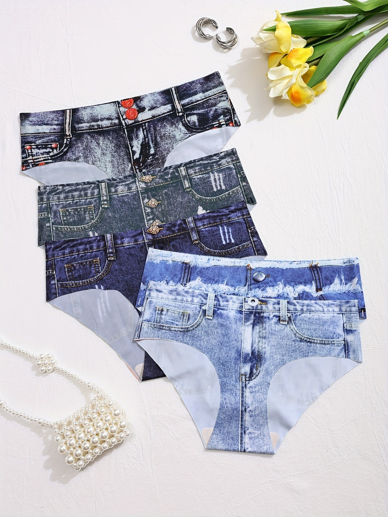 5-Pack of Women's Buttoned Briefs with Denim Print and Paisley Design