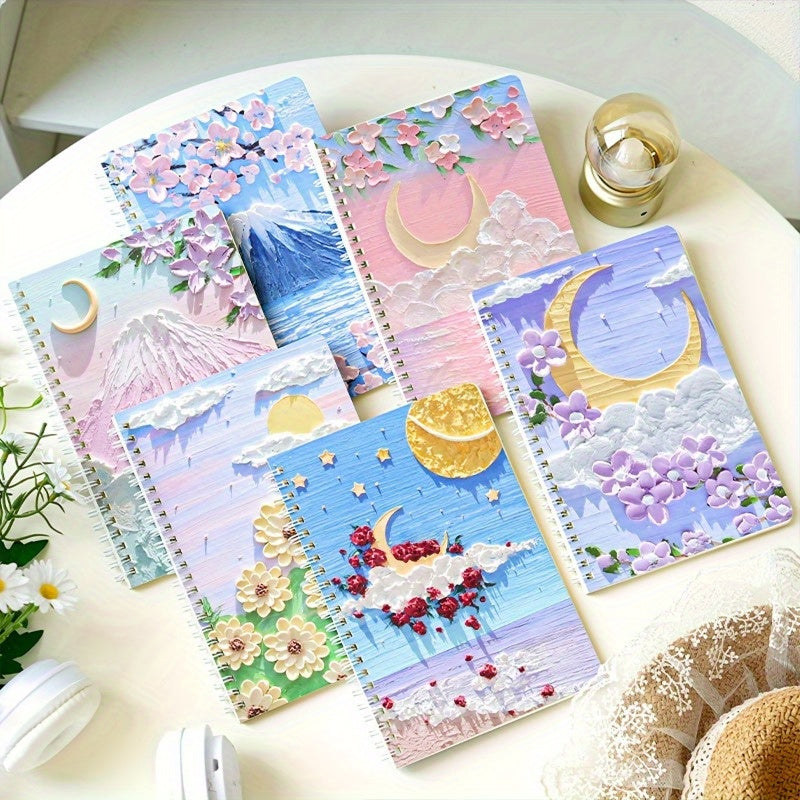 1pc Romantic Oil Painting Style Writing Notebook, Fresh Dual Coil 360 Degree Flip Portable A5 Notebook, Suitable for Birthdays, Weddings, Christmas, Valentine'S Day, Graduation Season, School Start Season Gifts