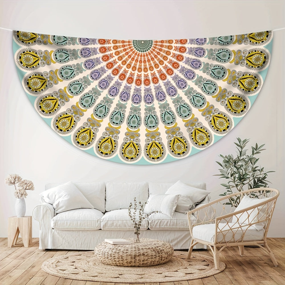 1pc Vibrant Round Mandala Tablecloth - 63 Inch Stain Resistant, Absorbent, and Wrinkle-Free Circle Table Cover with Boho Ethnic Style for Home Kitchen Dining Party Patio Indoor and Outdoor Use, Room Decor, Scene Decor, Easy Care, and Durable