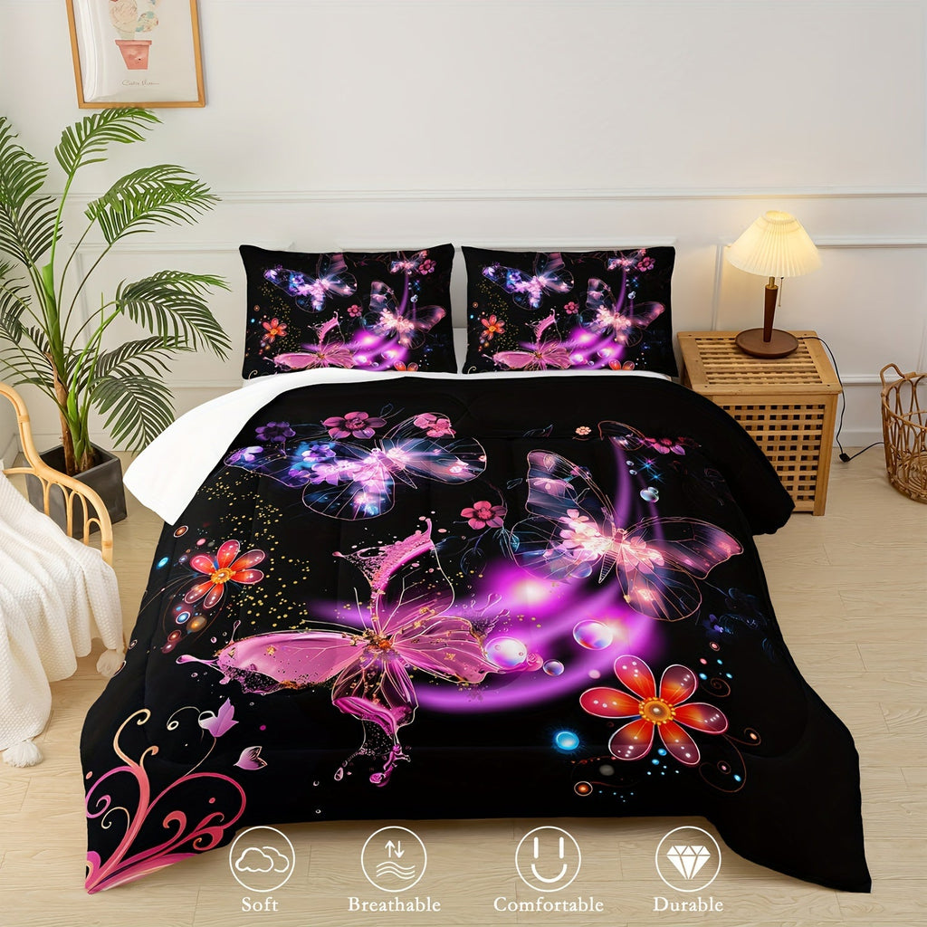 Butterfly Comforter Set Black And Gold Bedding Floral Comforter 3 Piece Set (1 Bed Comforter + 2 Pillow Cases), Comforter For All Seasons, Soft, Comfortable And Breathable Printed Bedding For Home Dormitory Decoration
