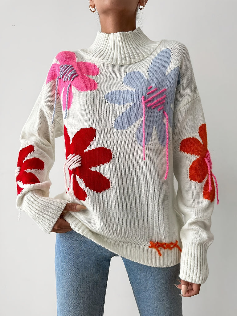 Floral Pattern Drop Shoulder Sweater, Stylish Turtle Neck Long Sleeve Pullover Sweater For Winter & Fall, Women's Clothing