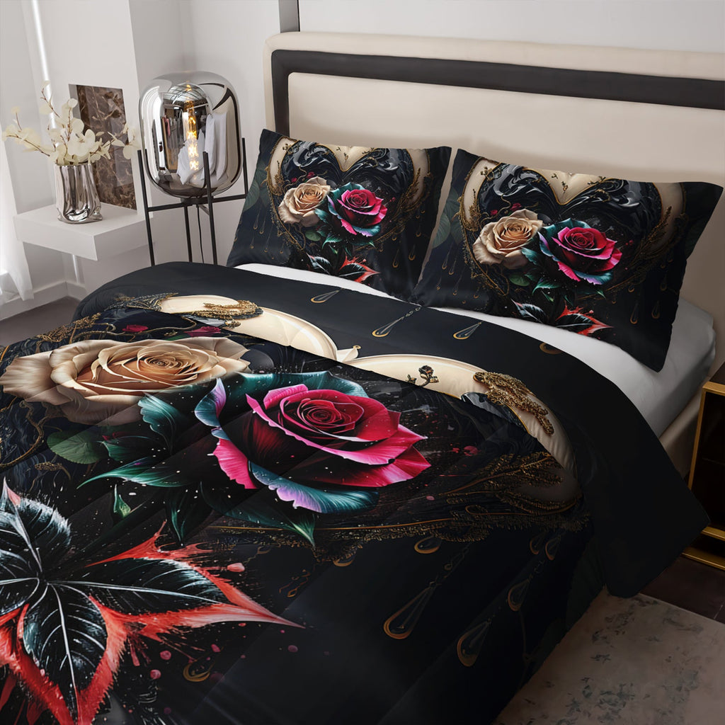 Colorful Rose Comforter Set, Floral Theme Bedding Set, Soft Polyester, 3pcs (1 Comforter and 2 Pillowcases)