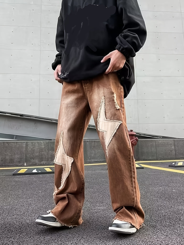 Bopoft American Vintage Lightning Torn Edge Jeans Men's Vintage Hip-hop High Waisted Straight Leg Hip-hop Workwear Wide Leg Pants Loose And Versatile Drape Sticker Pattern Khaki Ins Hong Kong Style Street Edge Trendy Pants