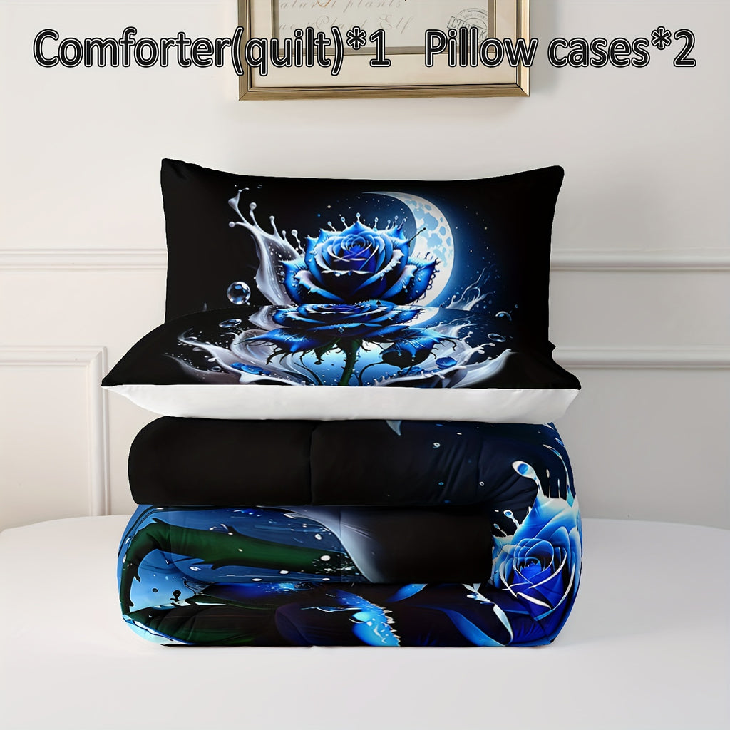 3pcs Modern Fashion Polyester Comforter Set (1*Comforter + 2*Pillowcase, Without Core), Blue Rose Glowing Moon Print Bedding Set, Soft Comfortable And Skin-friendly Comforter For Bedroom, Guest Room.