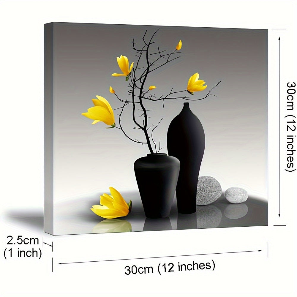 Flower Wall Art for Bathroom Hallway, SZ Elegant Orchid Still Life Canvas Painting Prints, Golden Magnolia in Black and White Vases Picture (Ready to Hang)