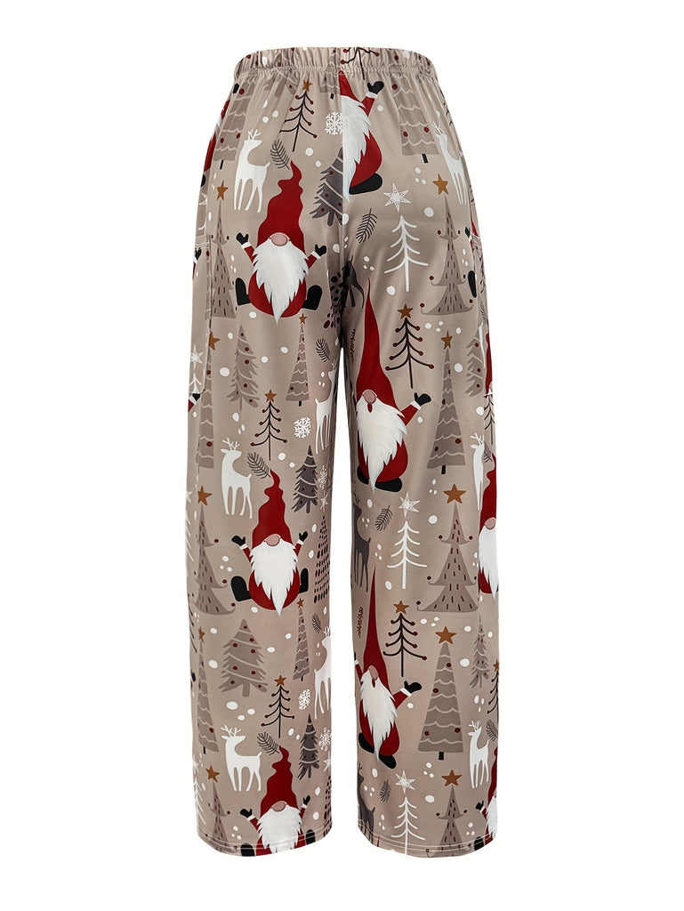 Women's Festive Christmas Santa Claus Print Loose-Fit Pants with Pockets - Comfy Polyester Blend, Machine Washable