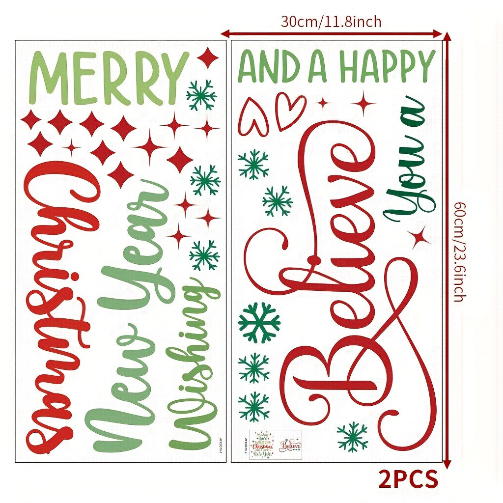 Happy New Year & Believe Quote Christmas Wall Decals - Removable Tree Stickers for Festive Home & Window Decor, Matte Finish PVC