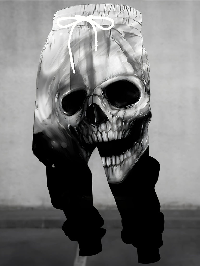 Men's Halloween Themed Skull Graphic Jogger Pants with Drawstring, Casual Sports Trousers as Gift