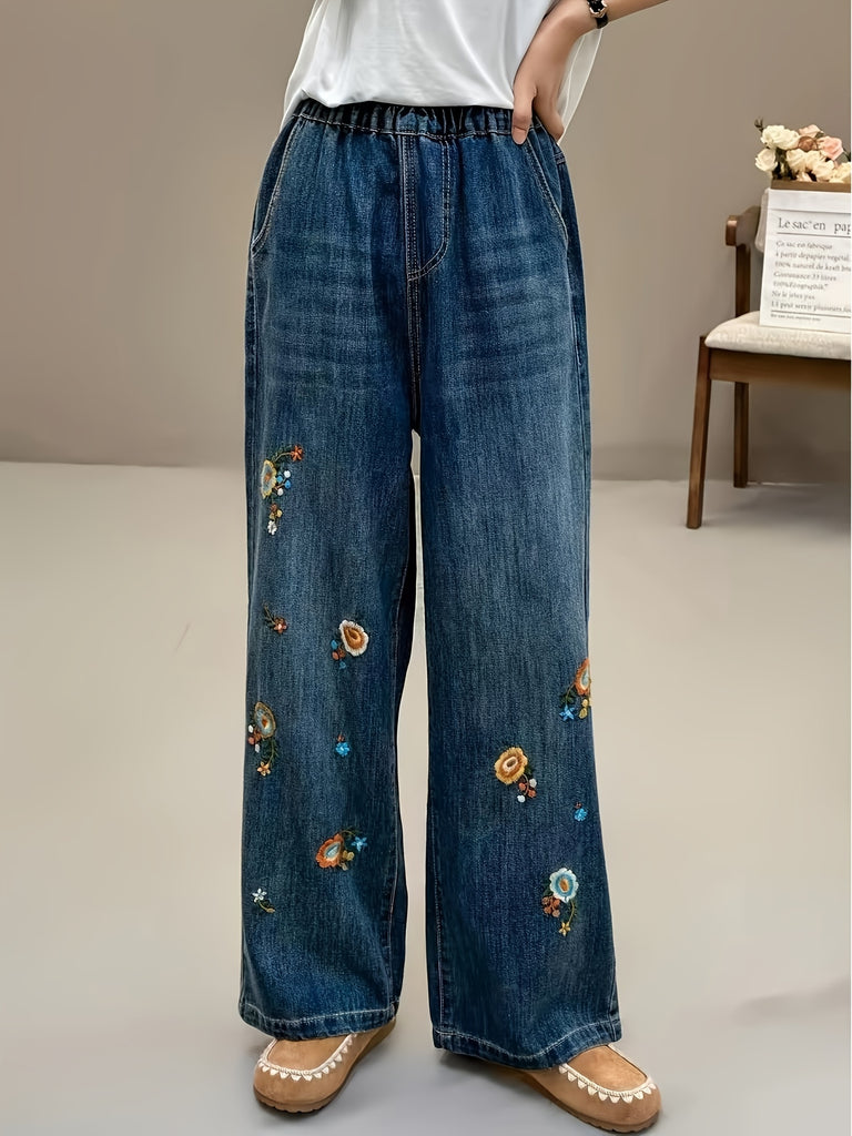 Women's Floral Embroidered Bottom Jeans Trouser For Women - Relax Fit, Practical Pockets, Casual Straight Leg Pants For Everyday Style, For All Seasons