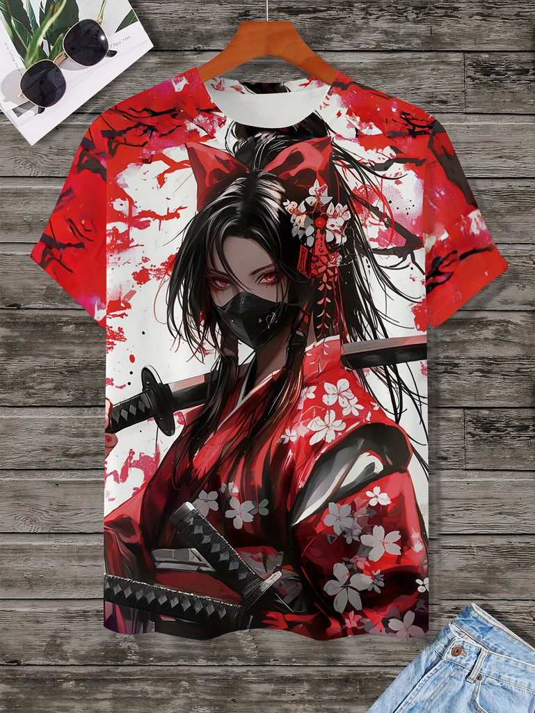 Men's Short Sleeve Round Neck T-shirt with Cherry Blossom Under Cold Female Warrior Print