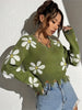 Jacquard Tassel V Neck Pullover Sweater, Cute Long Sleeve Knitted Sweater For Fall & Spring, Women's Clothing