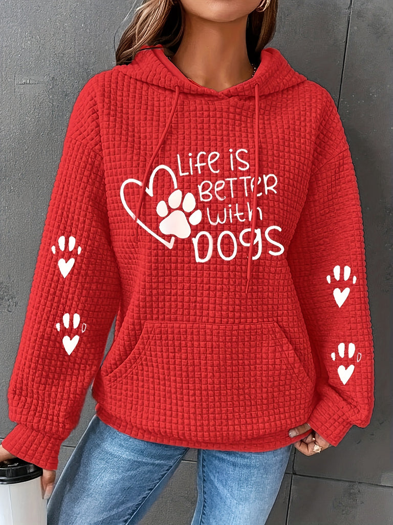 Paw & Heart & Letter Print Drawstring Hoodie, Casual Long Sleeve Kangaroo Pocket Hoodie Sweatshirt, Women's Clothing