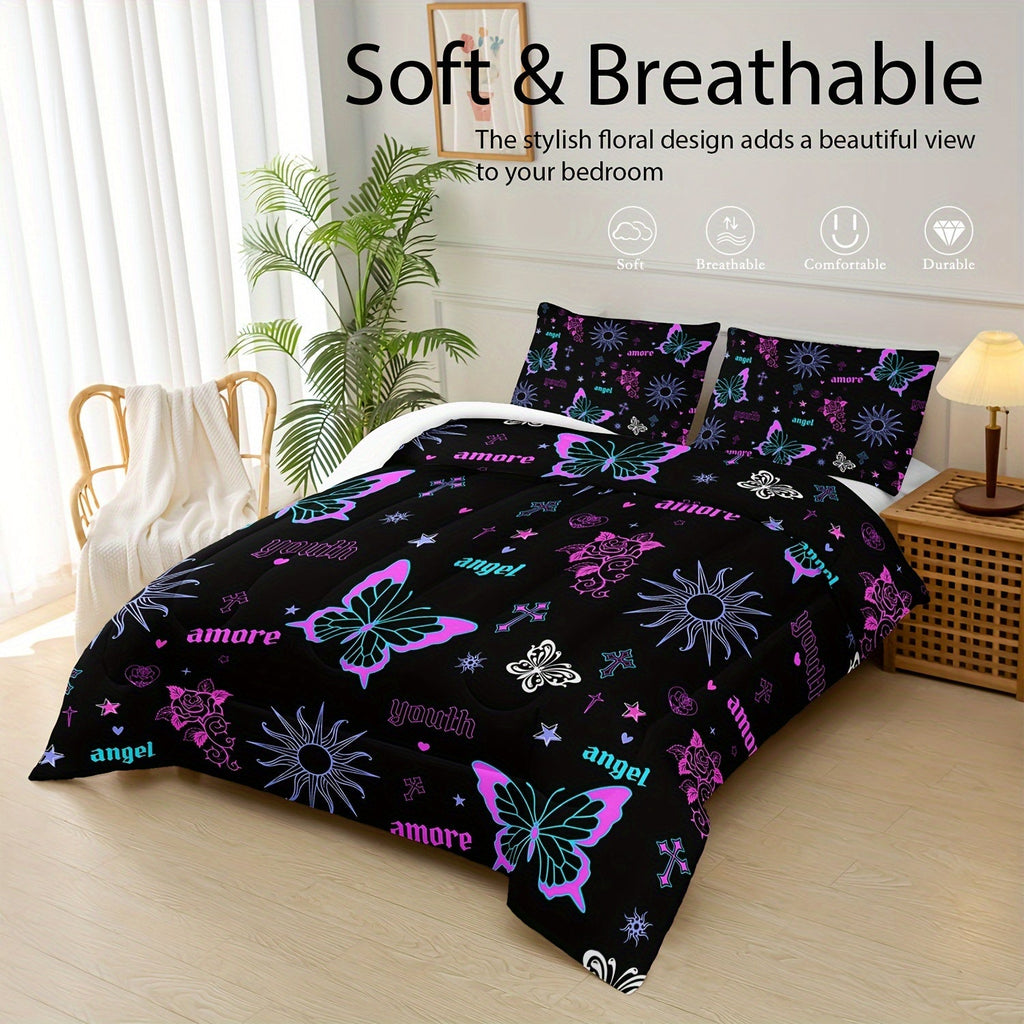 Butterfly Comforter Set Purple Rose Printed Bedding Sun Galaxy Comforter 3 Piece Set (1 Bed Comforter + 2 Pillow Cases), Comforter For All Seasons, Soft Comfortable And Breathable Printed Bedding For Home Dorm Decoration