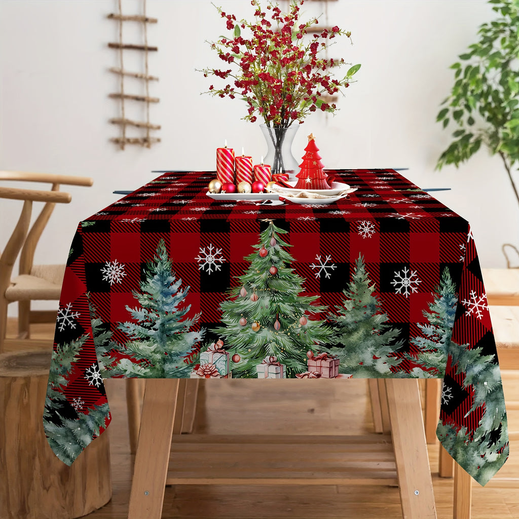 Christmas tablecloth - Vibrant Christmas Tablecloth - Premium Polyester, Red Buffalo Plaid, Pine Trees & Snowflakes, 52x70 inches - Holiday Dining Decor - For Christmas Celebrations - Perfect Gift Idea - Deck the Halls in Style