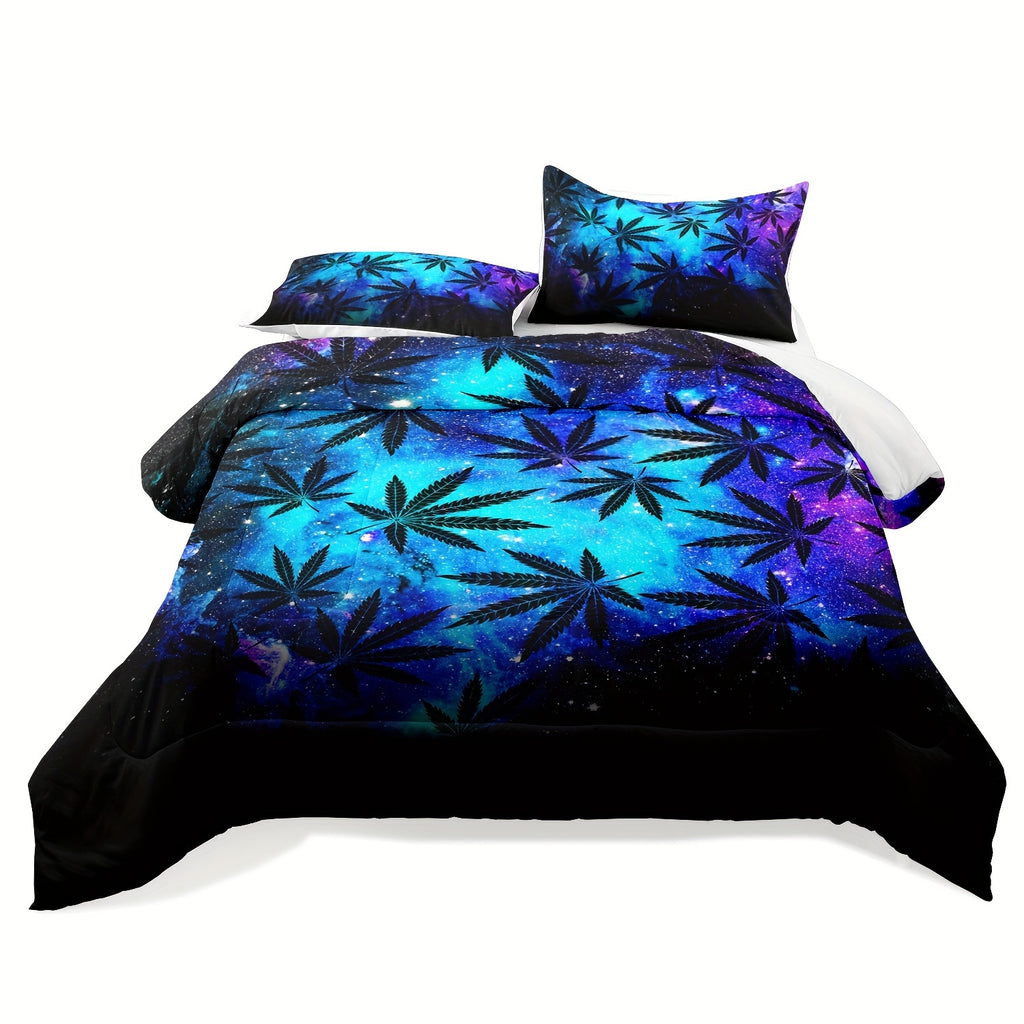 Weed Bedding  Set Queen Size, Cannabis Leaves Bedding Set, Boho Bedding, Blue Purple Comforter Set Queen, Boho Bedding Hemp Leaves Comforter Set Queen, Maple Leaf Bedding Set