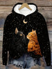 Cosmic Starry Night Cats Print Hoodie - Casual Polyester Knit Pullover with Hood, Long Sleeve Animal Pattern Hooded Sweatshirt for All Seasons