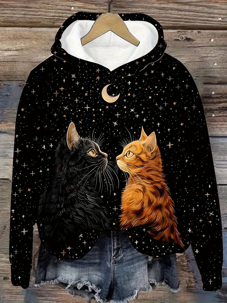 Cosmic Starry Night Cats Print Hoodie - Casual Polyester Knit Pullover with Hood, Long Sleeve Animal Pattern Hooded Sweatshirt for All Seasons