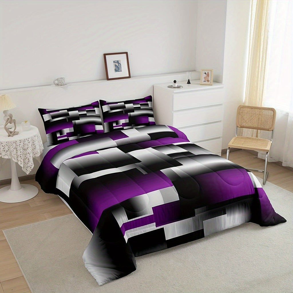 2/3pcs Black Purple Geometric Comforter Set, 3D Rendering Abstract Art Comforter for Women Men, Geometry Rectangle Bedding Set Breathable Modern Duvet Set, Room Dormitory Decor, All Season Lightweight Cozy Warm, Christmas Gifts Decoration Ornaments,
