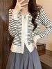 Women's Striped Hooded Knit Sweater Cardigan, Viscose, Korean Style, Zippered, Long Sleeve, Winter Casual Loose Fit Top