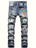 Men's Vintage-Inspired Slim Fit Stretch Jeans with Unique Cat Whisker Print - Casual, Machine Washable Denim Pants for All Seasons