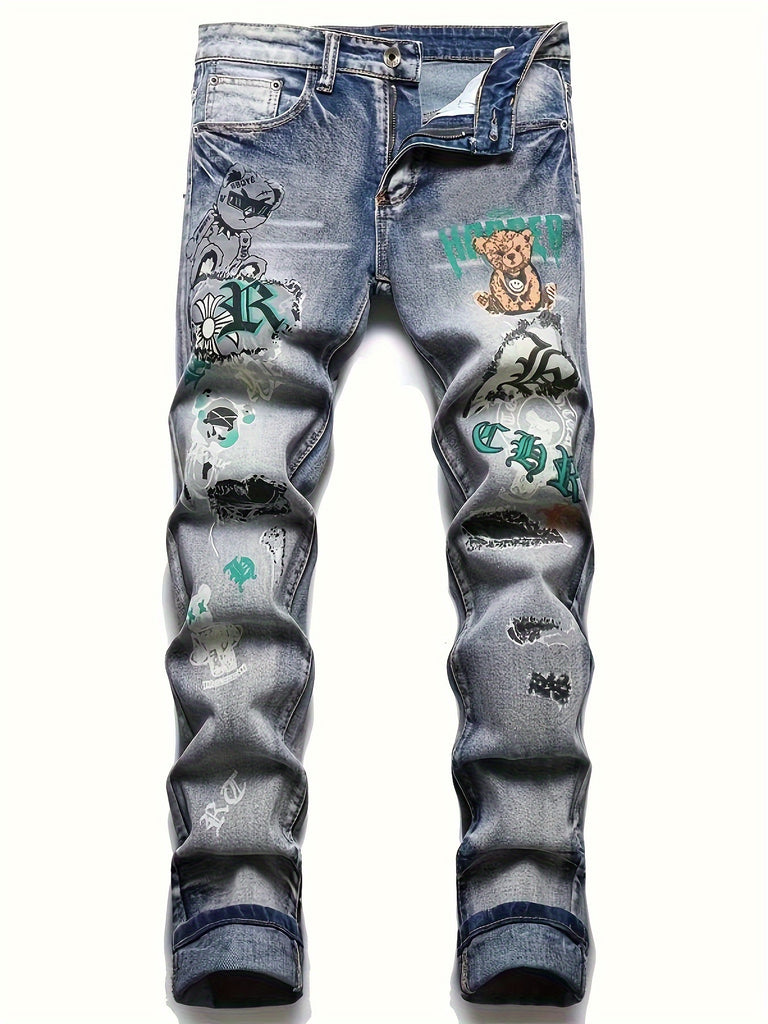 Men's Vintage-Inspired Slim Fit Stretch Jeans with Unique Cat Whisker Print - Casual, Machine Washable Denim Pants for All Seasons