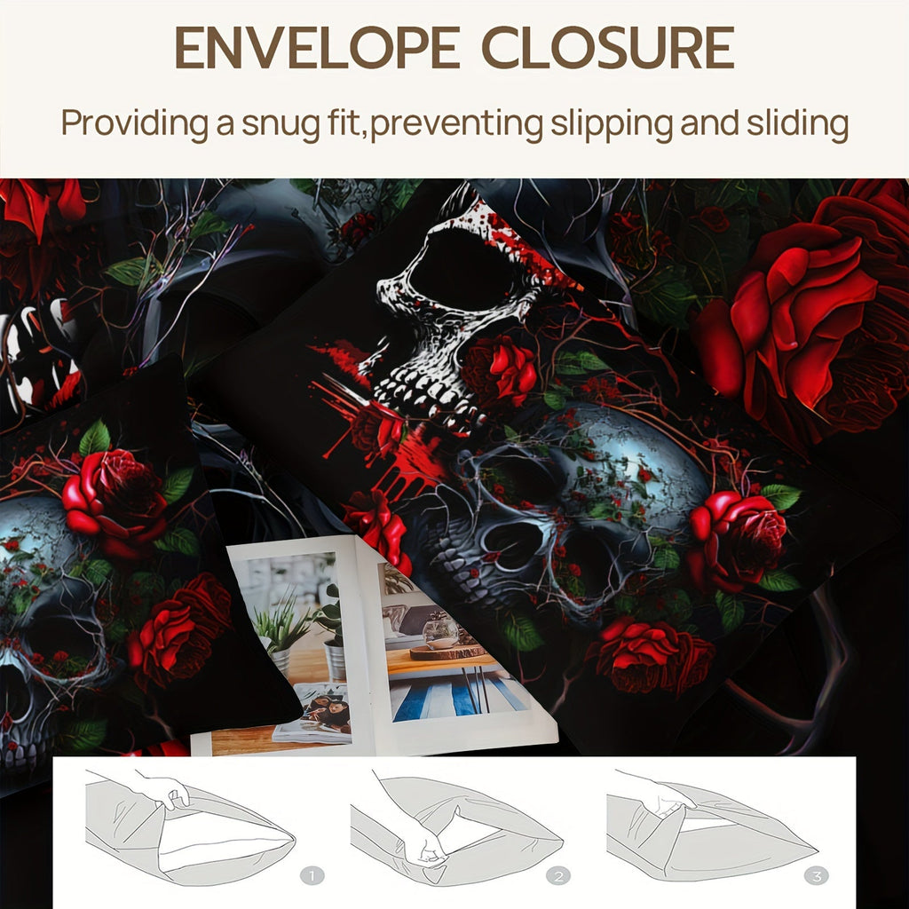 3pcs Goth Skull Print Comforter Set (1 Comforter + 2 Pillowcase Without Pillow Insert) For All Seasons, Microfiber Gothic Red Rose Bedding Set For Halloween Style Bedrooms Decoration