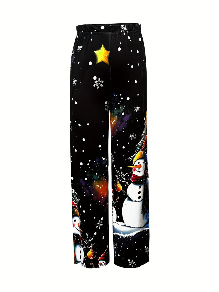 Women's Festive Christmas Print Straight-Leg Pants with Pockets - Casual & Comfy Polyester Blend, Machine Washable