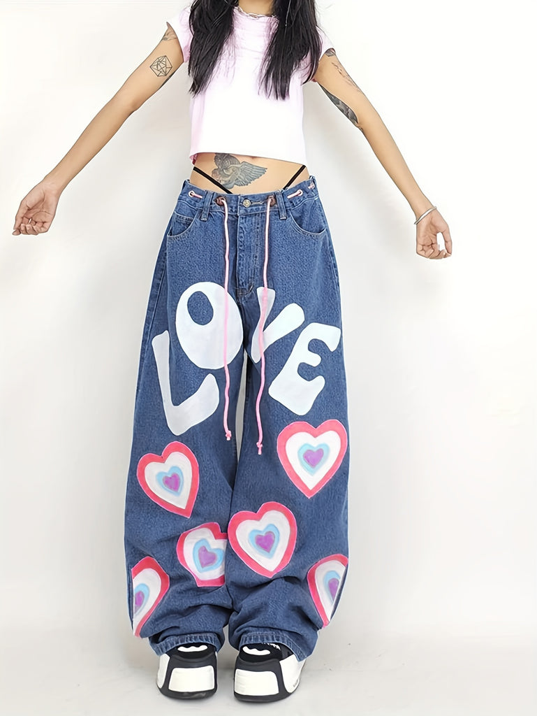 Bopoft American Vintage Jeans Women's Street Style Love Graffiti Print Loose Skinny Jeans High Waist Tie Casual Straight Leg Pants Lazy Aesthetics Hot Girls Trendy Floor Mopping Wide Leg Pants Hip Hop Street Casual Versatile Cargo Pants Sports Pants