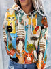 Cat Pattern Sporty Hooded Sweatshirt, Long Sleeves Slight Stretch Loose Hoodie, Women's Activewear