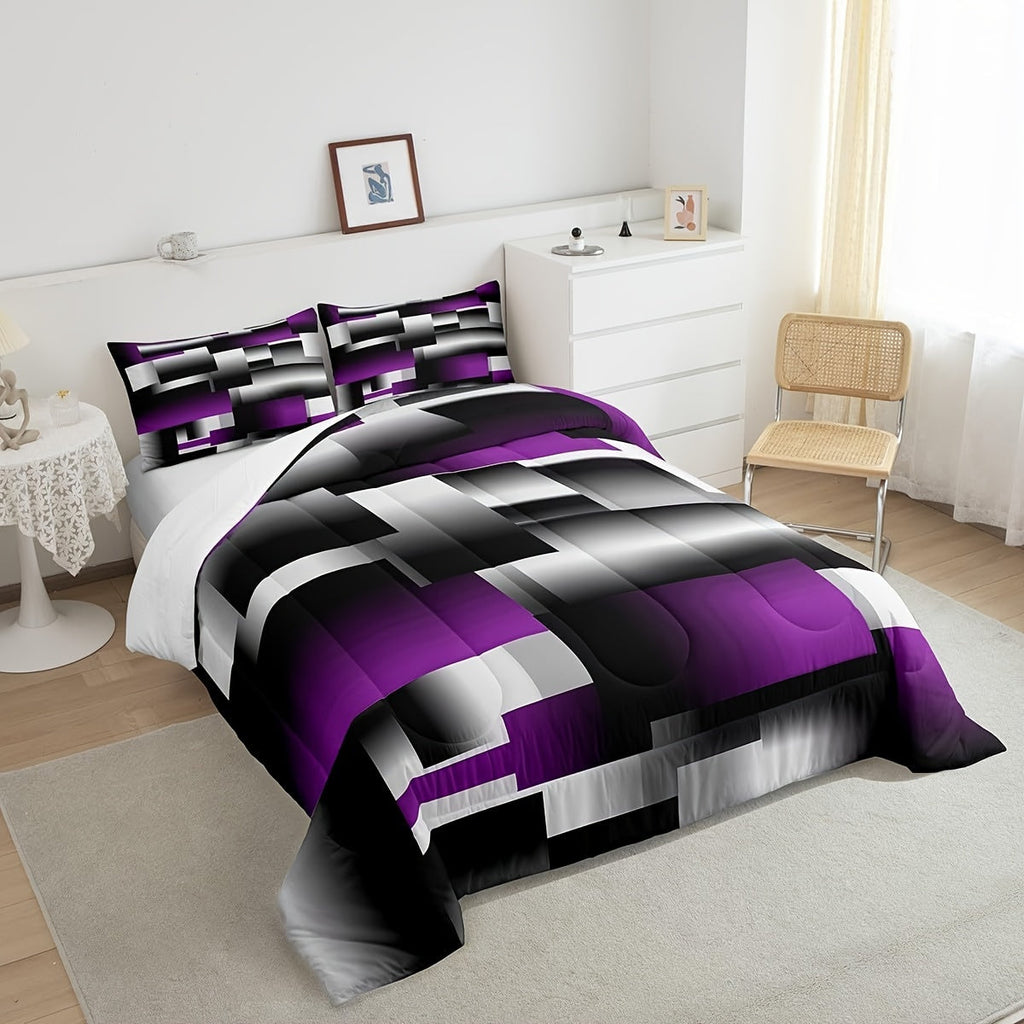 2/3pcs Black Purple Geometric Comforter Set, 3D Rendering Abstract Art Comforter for Women Men, Geometry Rectangle Bedding Set Breathable Modern Duvet Set, Room Dormitory Decor, All Season Lightweight Cozy Warm, Christmas Gifts Decoration Ornaments,