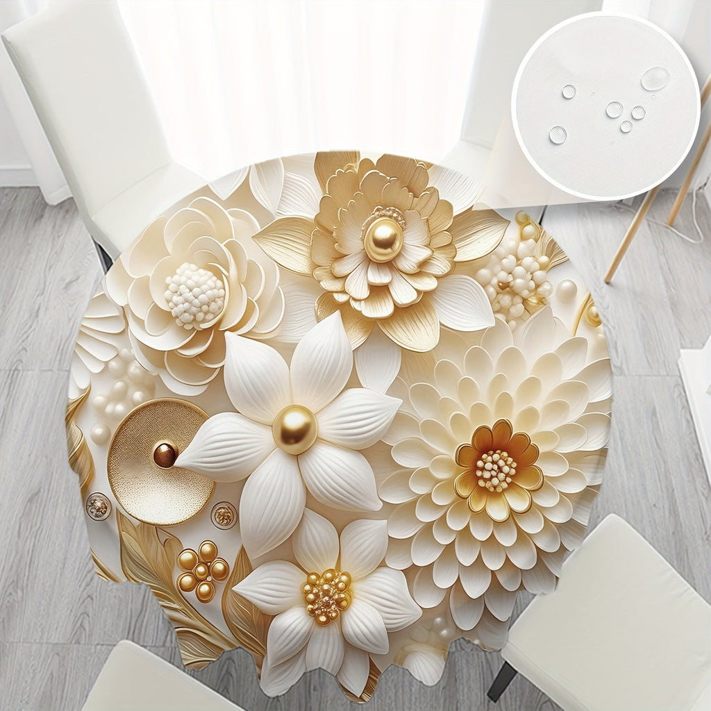 1pc Polyester Round Tablecloth - Floral Digital Print, Stain & Waterproof Pleated Table Cover for Party, Home, Banquet & Patio Use - Machine Woven, No Fade, Easy Care