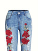 Women's Elegant Jeans - Plus Size Floral Print Ripped Roll Hem High Stretch Distressed Denim Pants - For Women - Suitable for Casual & Party Occasions - Perfect Gift for Fashionable Ladies