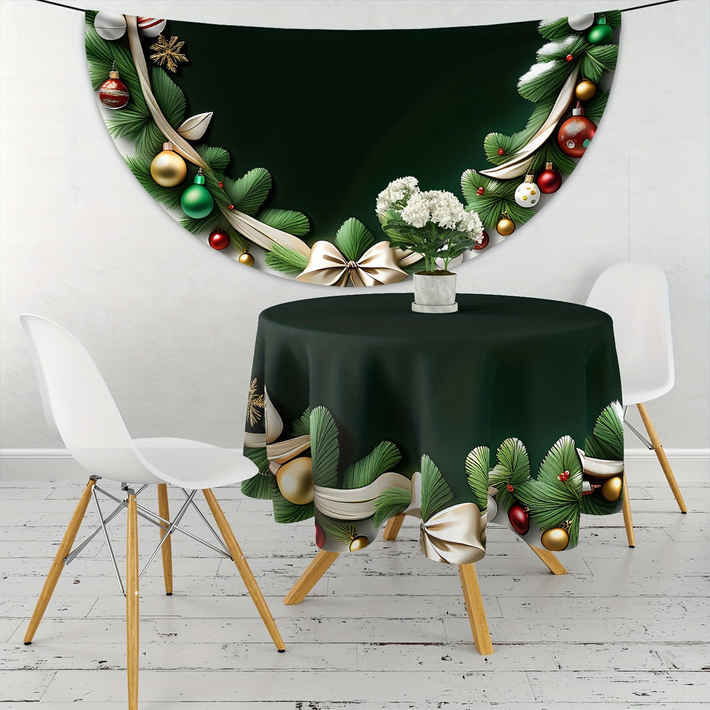 Christmas-Themed Waterproof Round Tablecloth with Green Leaf & Bow Design - 63" Polyester Dining Cover for Indoor/Outdoor Use, Perfect for Parties, BBQs, and Picnics