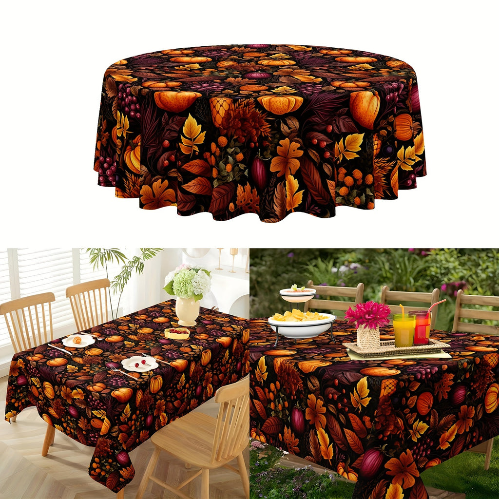 Thanksgiving Delight: Autumn Harvest Round Tablecloth - Stain & Waterproof with Pumpkin and Leaves Design, Perfect for Holiday Dining