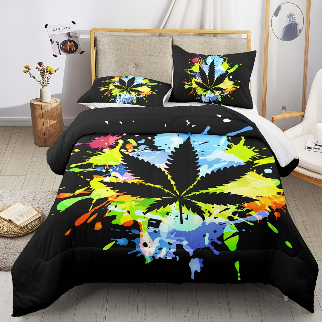 Cannabis Leaves Bedding Set, Hemp Leaves Bedding Weed Comforter Set Queen Size, Boho Comforter Set Queen, Tie Dye Comforter, Rainbow Comforter, Maple Leaf Bedding Set (Not Including Duvet Cover And Pillow Core)